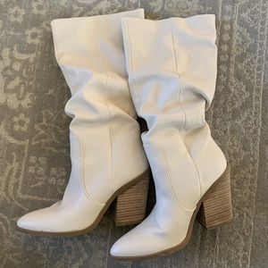 Slouchy cream block heel knee high boot